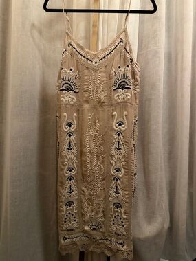 Anthropologie Beige Slip Dress with Navy and White Embroidery